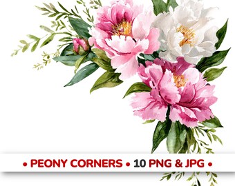 牡丹の花柄コーナーのクリップアート、ピンクの花のPNG/JPGバンドル｜装飾コーナー、ジャンクジャーナルの印刷物