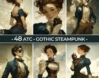 Karty ATC w stylu gotycko-steampunkowo-wiktoriańskim | Zestaw plików PDF do druku (produkt cyfrowy, natychmiastowe pobranie)