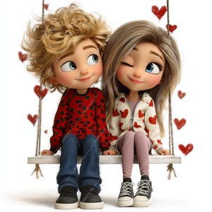 Pode incluir: Uma ilustra&ccedil;&atilde;o digital de dois personagens de desenho animado, um menino e uma menina, sentados em um balan&ccedil;o de madeira. O menino usa um su&eacute;ter vermelho com cora&ccedil;&otilde;es pretos e jeans azuis. A menina usa uma jaqueta branca com cora&ccedil;&otilde;es vermelhos e leggings rosa. Cora&ccedil;&otilde;es vermelhos flutuam ao redor deles.