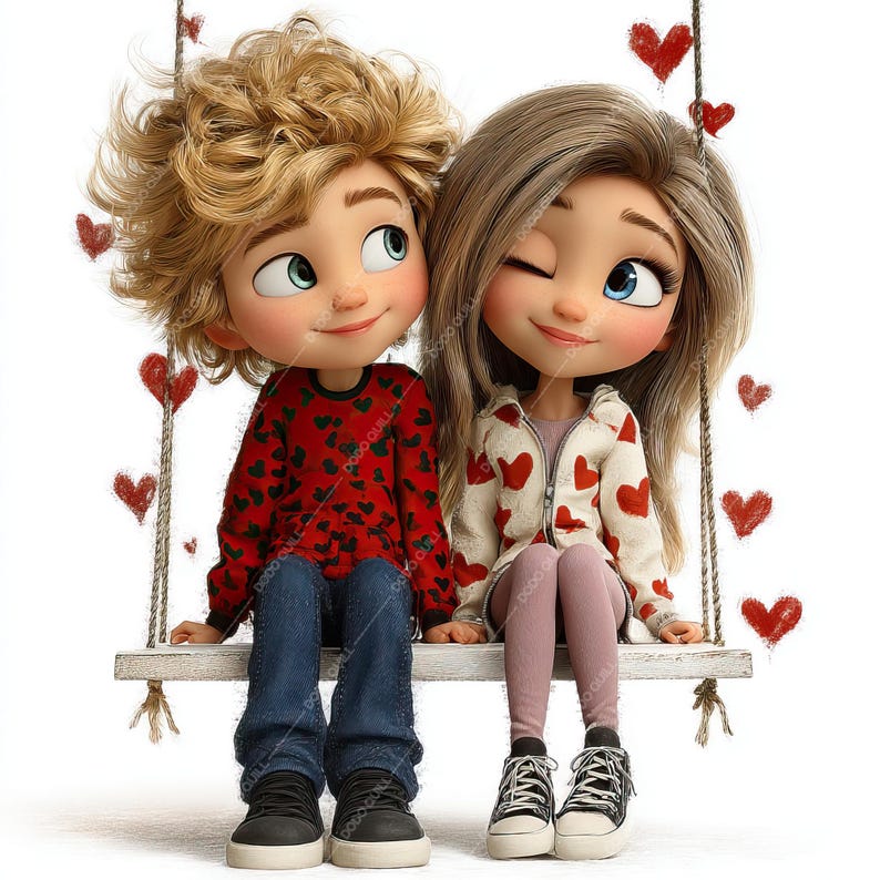 Pode incluir: Uma ilustra&ccedil;&atilde;o digital de dois personagens de desenho animado, um menino e uma menina, sentados em um balan&ccedil;o de madeira. O menino usa um su&eacute;ter vermelho com cora&ccedil;&otilde;es pretos e jeans azuis. A menina usa uma jaqueta branca com cora&ccedil;&otilde;es vermelhos e leggings rosa. Cora&ccedil;&otilde;es vermelhos flutuam ao redor deles.
