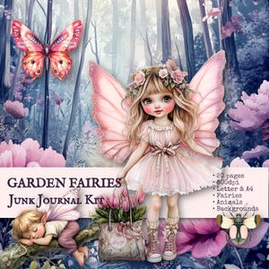 Tuinfeeën-junkdagboekkit. Efemere sprookjestuin in roze en roze. Illustraties, plakboekpagina's, kieskeurige snitten. Feeën en bloemen