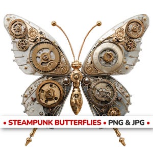 May include: Steampunk butterfly illustration with metallic silver and gold gears, cogs, and mechanical details. The butterfly has a detailed body and wings, with the text "STEAMPUNK BUTTERFLIES PNG & JPG" at the bottom.