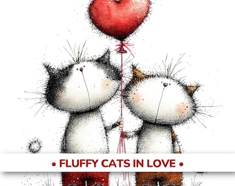 Valentine Cat Clipart | Fluffy Cats in Love, Whimsical Cartoon Couples | 20 JPG (Digital Download)