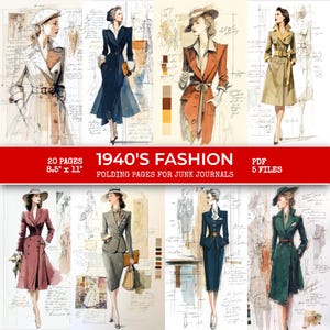 Könnte beinhalten: Vintage Modeillustrationen aus den 1940er Jahren, die Frauen in stilvollen Mänteln, Anzügen und Kleidern zeigen. Die Kunstwerke befinden sich auf gealtertem Papier mit handschriftlichen Notizen und Skizzen. Der Text lautet "1940's Fashion" und "8.5" x 11"" mit "20 pages" und "PDF 5 files".