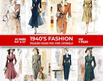 May include: A collection of vintage fashion illustrations from the 1940s, featuring women in stylish coats, suits, and dresses. The artwork is on aged paper, with handwritten notes and sketches. The text reads "1940's Fashion" and "8.5" x 11"" with "20 pages" and "PDF 5 files".