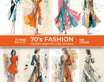 70s Fashion Junk Journal Folding Pages, Retro Women's Clothing Sketches | Printable Set (Digital Product, Instant Download)