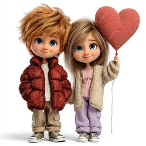 Pode incluir: Duas bonecas de desenho animado, um menino e uma menina, est&atilde;o lado a lado. O menino usa uma jaqueta vermelha inflada, cal&ccedil;as c&aacute;qui e t&ecirc;nis. A menina usa um cardigan bege, uma camisa rosa, cal&ccedil;as roxas e t&ecirc;nis. Ela segura um bal&atilde;o vermelho em forma de cora&ccedil;&atilde;o.