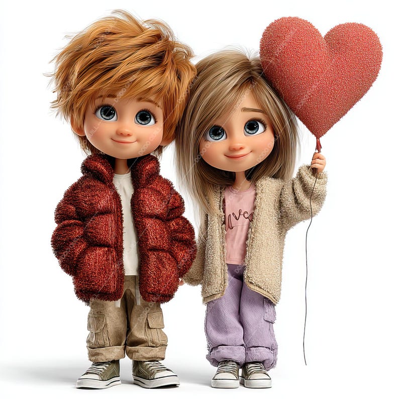 Pode incluir: Duas bonecas de desenho animado, um menino e uma menina, est&atilde;o lado a lado. O menino usa uma jaqueta vermelha inflada, cal&ccedil;as c&aacute;qui e t&ecirc;nis. A menina usa um cardigan bege, uma camisa rosa, cal&ccedil;as roxas e t&ecirc;nis. Ela segura um bal&atilde;o vermelho em forma de cora&ccedil;&atilde;o.