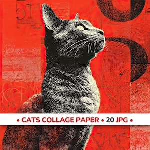 May include: A black and white cat illustration set against a red backdrop with abstract shapes and text. The image includes the text "CATS COLLAGE PAPER • 20 JPG". The cat is looking upwards, with its whiskers visible.