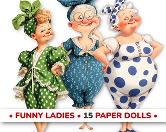 以下が含まれることがあります： FUNNY LADIES 15 PAPER DOLLSと書かれた3体のイラスト入り紙人形。左の人形は緑の水玉模様の衣装とヘッドピースを着用。中央の人形は青い錨柄の衣装と眼鏡を着用。右の人形は白と青の水玉模様の衣装を着用。