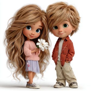 Pode incluir: Duas bonecas de desenho animado, uma menina e um menino, est&atilde;o lado a lado. A menina tem cabelo loiro longo e ondulado, olhos azuis e usa um su&eacute;ter rosa e uma saia azul clara. Ela segura uma flor branca. O menino tem cabelo loiro, olhos verdes e usa uma jaqueta vermelha e cal&ccedil;as c&aacute;qui.