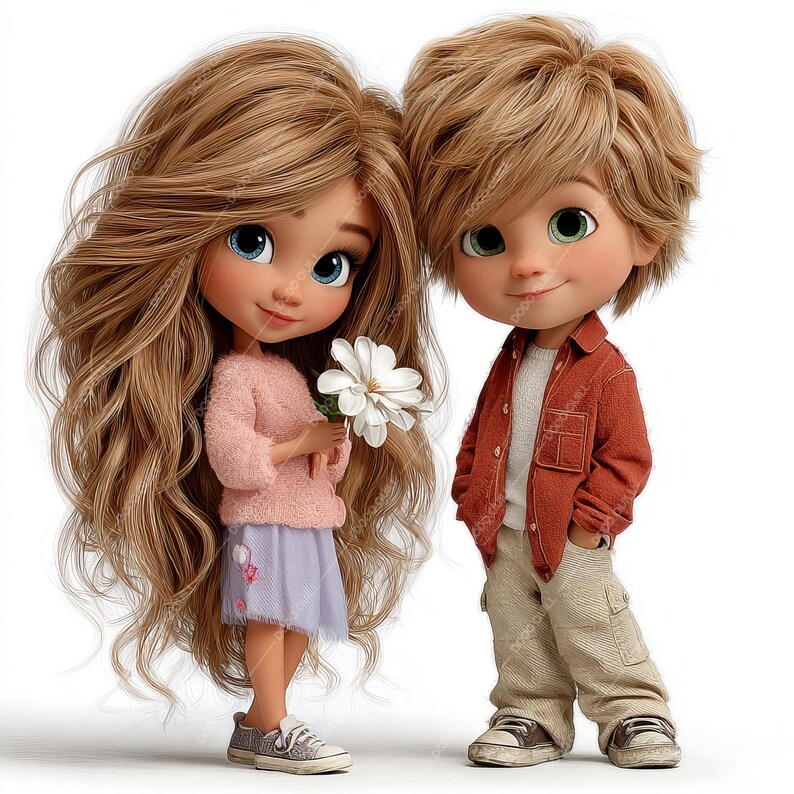 Pode incluir: Duas bonecas de desenho animado, uma menina e um menino, est&atilde;o lado a lado. A menina tem cabelo loiro longo e ondulado, olhos azuis e usa um su&eacute;ter rosa e uma saia azul clara. Ela segura uma flor branca. O menino tem cabelo loiro, olhos verdes e usa uma jaqueta vermelha e cal&ccedil;as c&aacute;qui.