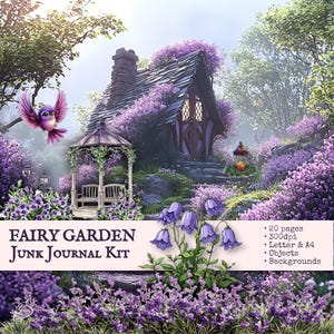 Fairy Garden-rommeldagboekkit. Efemere sprookjestuin in levendig lila. Illustraties, afdrukbare pagina's, kieskeurige snitten. Objecten en achtergronden