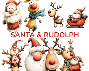 May include: A collection of watercolor illustrations featuring Santa Claus and reindeer. Santa is depicted in his traditional red suit and hat, while the reindeer have brown fur and antlers. The text "SANTA & RUDOLPH" is displayed in red letters.