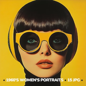Puede incluir: Retrato retro de una mujer con cabello oscuro, con gafas de sol amarillas grandes y un cuello alto negro sobre un fondo amarillo. La imagen incluye el texto "1960'S WOMEN'S PORTRAITS • 15 JPG".