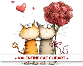Valentine Cat Clipart | Whimsical Cat Couples in Love, Hearts & Balloons | 20 PNG (Digital Download)