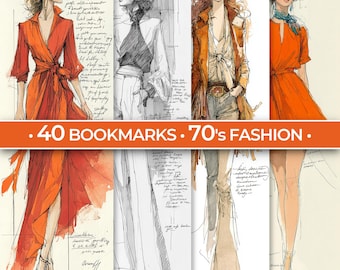 May include: Set of 40 bookmarks featuring illustrations of 70s fashion. The bookmarks showcase watercolor and pencil sketches of women in various outfits, including dresses, pantsuits, and coats. The text on the bookmarks reads: "40 BOOKMARKS • 70'S FASHION."