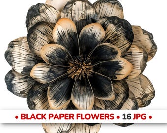 Puede incluir: Una gran flor de papel hecha a mano con pétalos negros y beige. El centro de la flor es de un marrón más oscuro, y algunos pétalos tienen texto impreso. La imagen incluye el texto "BLACK PAPER FLOWERS • 16 JPG •".