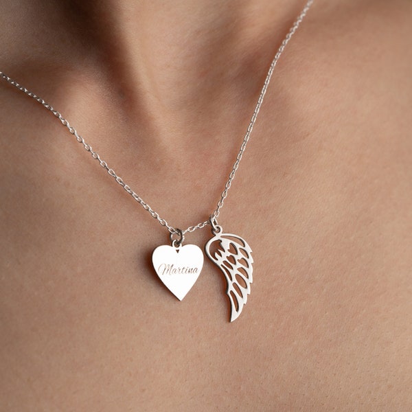 Angel Wings Necklace, Memorial Wing Necklace, Heart Name Necklace with Wings, Remembrance Gifts, Personalized Grieving Gift, Angel Necklace