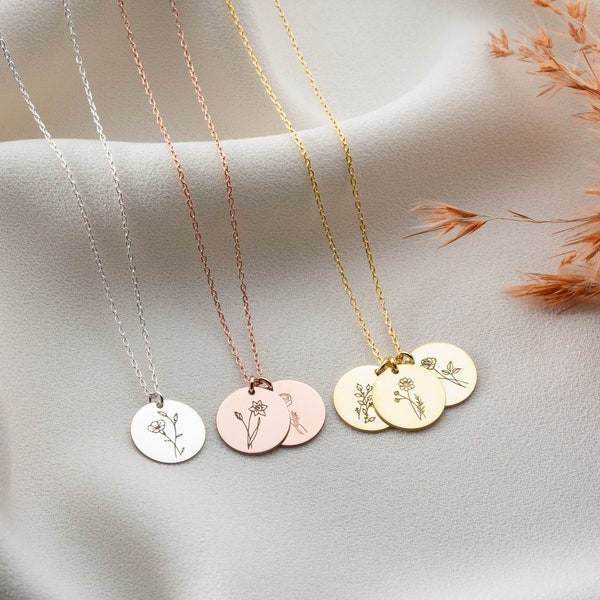 Personalized Birth Flower Disc Necklace,Montl Initial Charm Necklace,Christmas Jewelry,Necklaces for Women,Personalized Gifts,Christmas Gift
