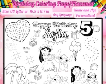 Lilo and Stitch Birthday Coloring Page Personalized stitch Party Favors Printable lilo Birthday Activity Coloring Placemat