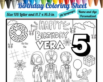 Spidey Birthday Coloring Page Spiderman Party Favors Personalized name age Printable Birthday Activity Coloring Placemat