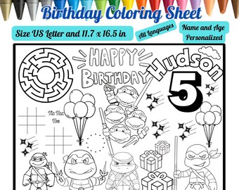 Personalized Ninja Turtle Birthday Coloring Page Placemat - Personalized Name & Age Coloring Page Custom Ninja Birthday Favor