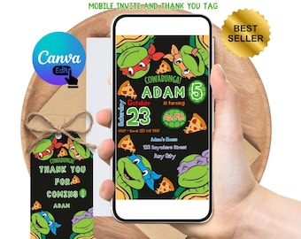 Editable Ninja Turtle Birthday Invitation Mobile Template- Digital Canva TMNT Invite Custom Boy Teenage Mutant Turtles Party Thank you Tag