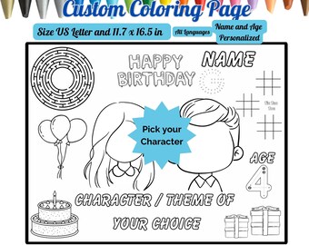 Custom Kids Birthday Coloring Placemat Choose Theme Character Personalized with Name Age activity page Birthday Gift Party Favor Goodie bag