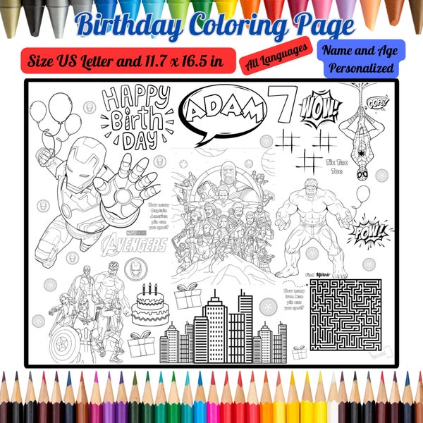 Personalized Superhero Birthday Coloring Placemat Custom Kids Activity Page Name & Age Coloring Gift Party Favors Goodie Bags