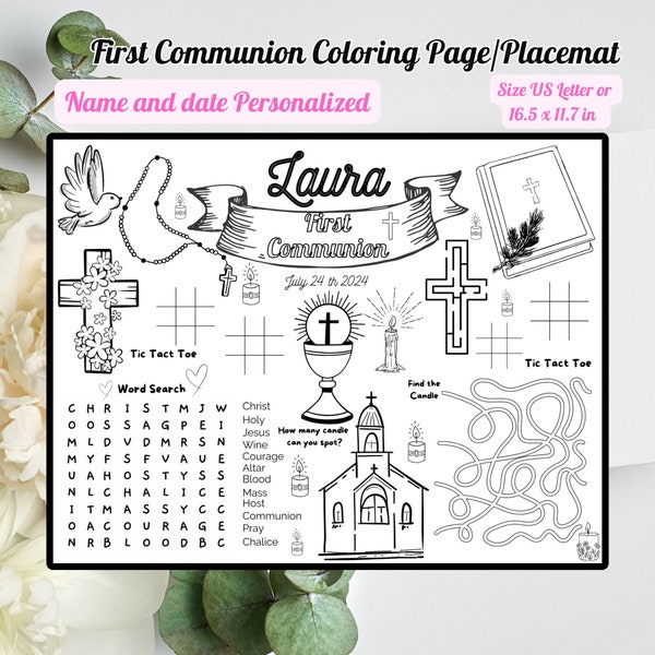 First Communion Coloring Placemat - Custom Date & Name, Personalized Christian Church Activity Sheet  Faith-Based Games
