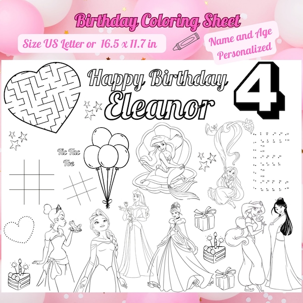 Disney Princess Coloring Page Personalized Princess Birthday Favors Printable Princess Birthday Activity Coloring Placemat
