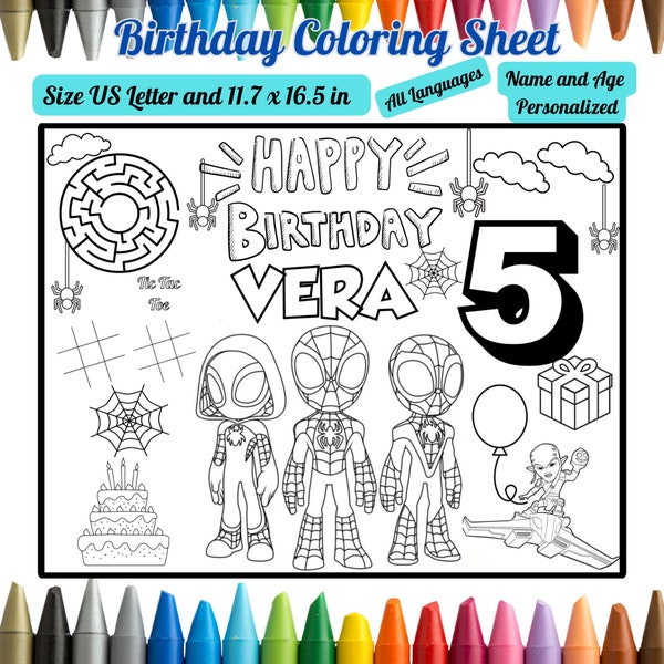 Spidey Birthday Coloring Page Spiderman Party Favors Personalized name age Printable Birthday Activity Coloring Placemat