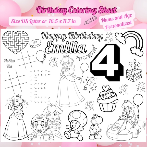 Peach Super Mario Princess Coloring Page Personalized Mario Birthday Favors Printable Princess Peach Birthday Activity Coloring Placemat