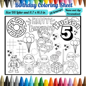 Personalized Ninja Turtle Birthday Coloring Page Placemat - Personalized Name & Age Coloring Page Custom Ninja Birthday Favor