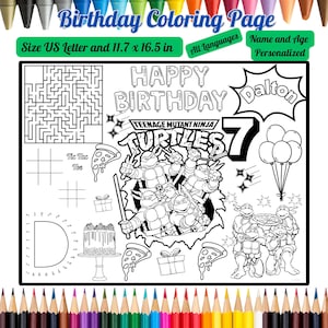 Turtle Ninja Birthday Coloring Page Placemat tmnt Personalized Name & Age Coloring Page Custom Ninja Birthday Favor
