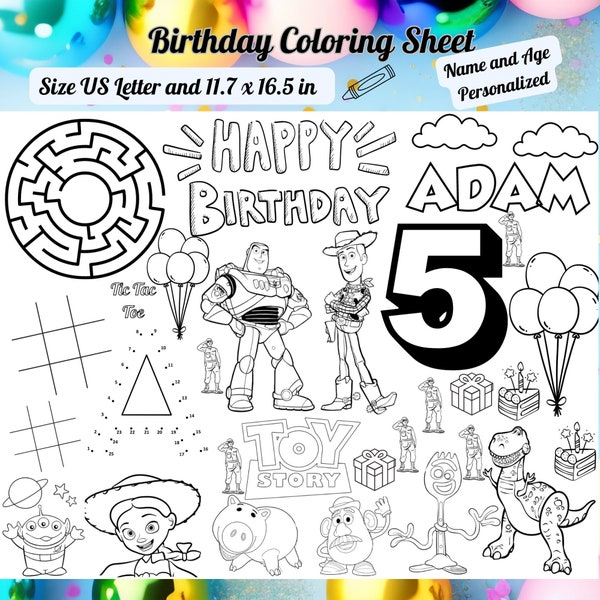 Toy Story Birthday Coloring Page Personalized Name and Age Woody, Buzz Party Favors Printable Birthday Activity Coloring Placemat