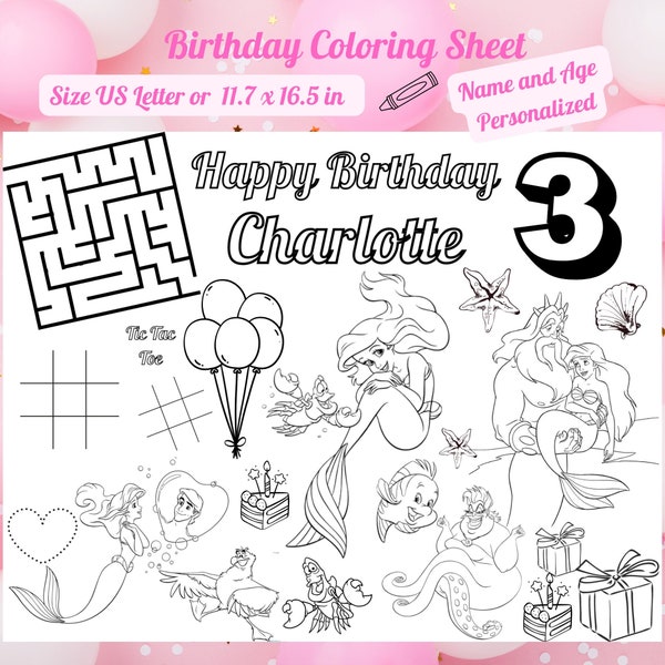 Little Mermaid Coloring Page Personalized Ariel mermaid Birthday Favors Printable Princess Birthday Activity Coloring Placemat