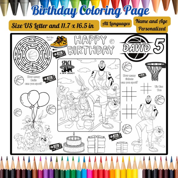 Personalized Space Jam Coloring Placemat Custom Name & Age, Basketball Theme Party Custom Kids Activity Page  Gift Party Favors Goodie Bags