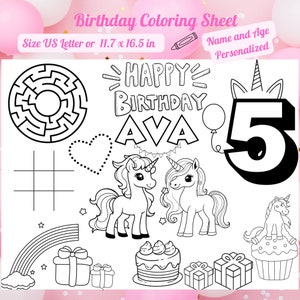 Personalized Unicorn Birthday Placemat Custom Name & Age Coloring Page Activity Birthday Favors Printable