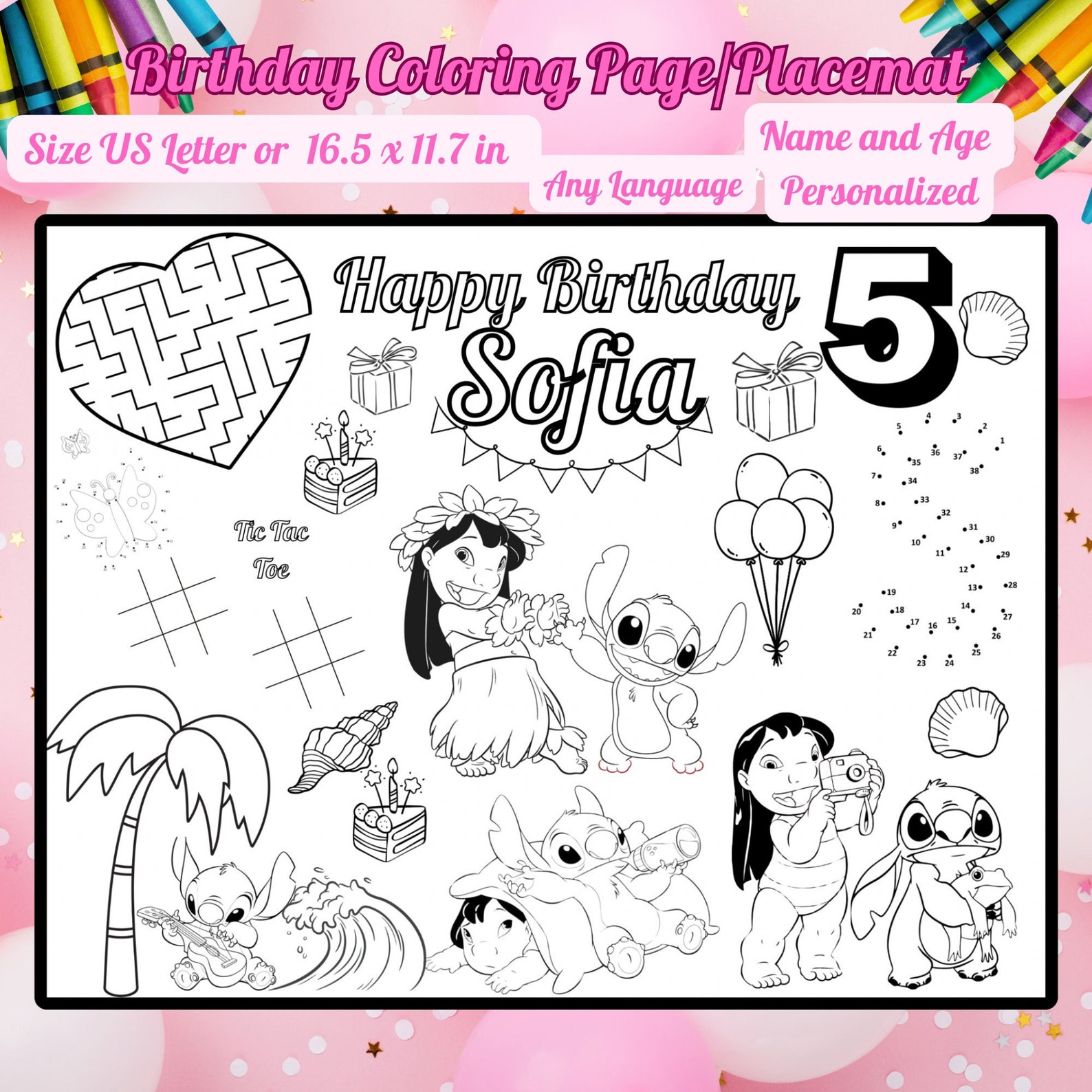 Lilo and Stitch Birthday Coloring Page Personalized Stitch Party Favors ...