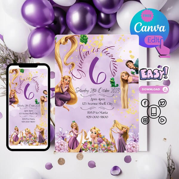 Rapunzel Birthday invitation, Tangled invitation, Digital editable invitation in Canva, disney princess party