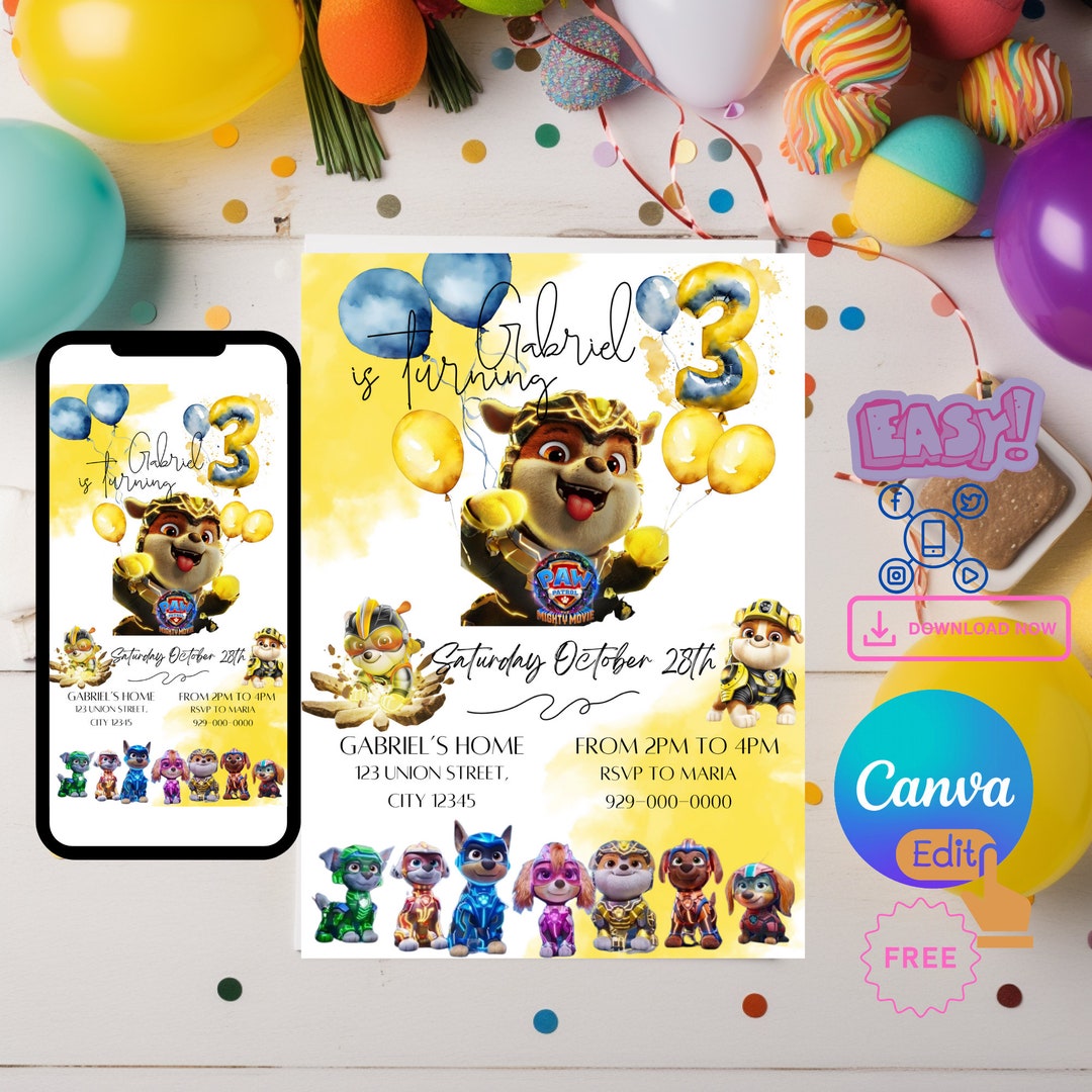 Paw Patrol Rubble Birthday Invitation Paw Patrol Party Etsy