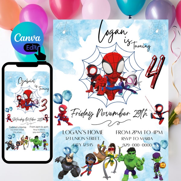 Plantilla editable de invitación de cumpleaños de Spidey y sus increíbles amigos, invitación de fiesta de cumpleaños imprimible, invitación a fiesta de superhéroes para niños