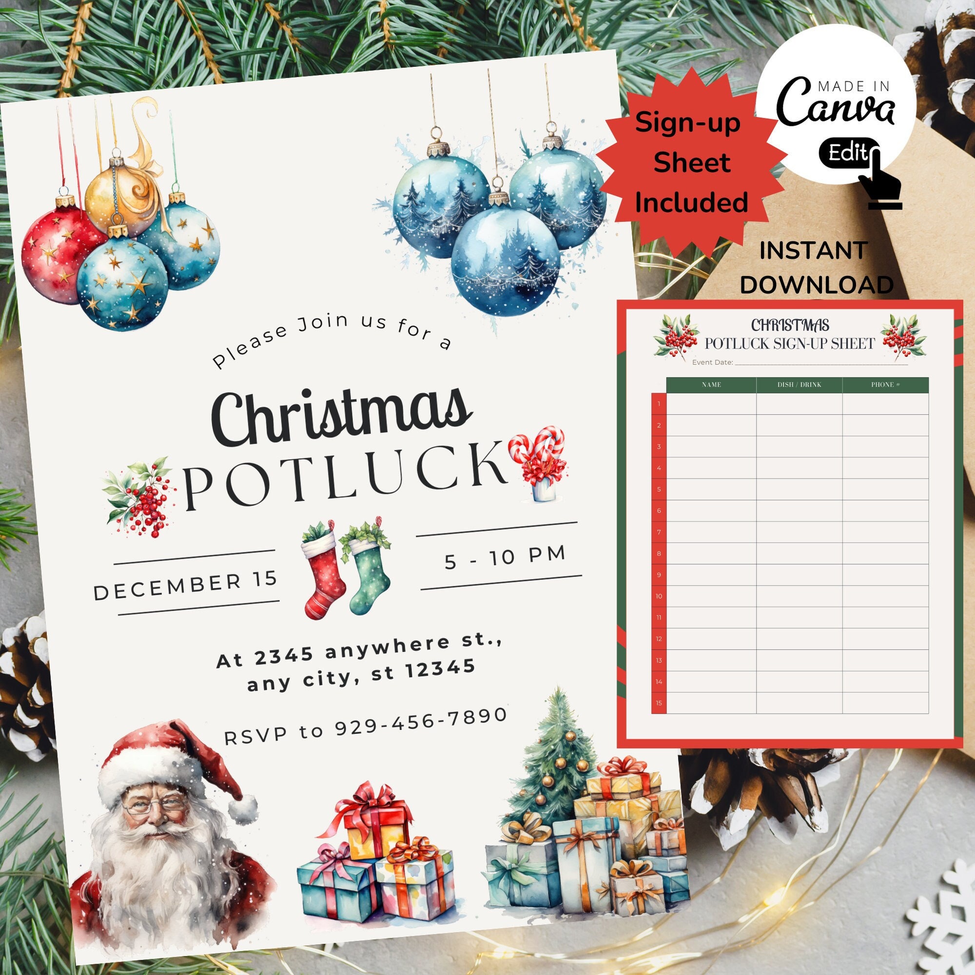 Christmas Potluck Invitation Printable Including Sign-up Sheet Cocktail ...