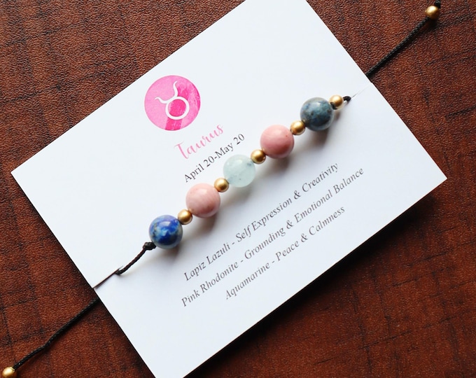Taurus Healing Bracelet, Taurus Crystal Bracelet, Lapiz Lazuli, Pink Rhodonite, Aquamarine Adjustable Chord, Taurus Zodiac Sign Stone Brace