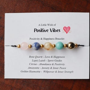 Braccialetto di cristallo di positività, braccialetto della felicità, quarzo rosa, lapislazzuli, citrino, amazzonite, ematite dorata, un piccolo desiderio di positività