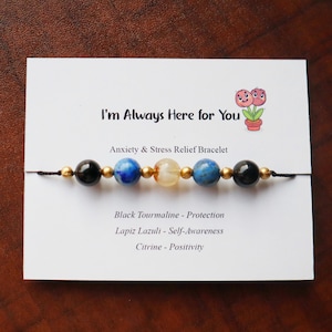 Pulsera de cristal para aliviar la ansiedad y el estrés, pulsera curativa para aliviar el estrés, tarjeta "Siempre estoy aquí para ti", turmalina negra, piedra lunar, amatista