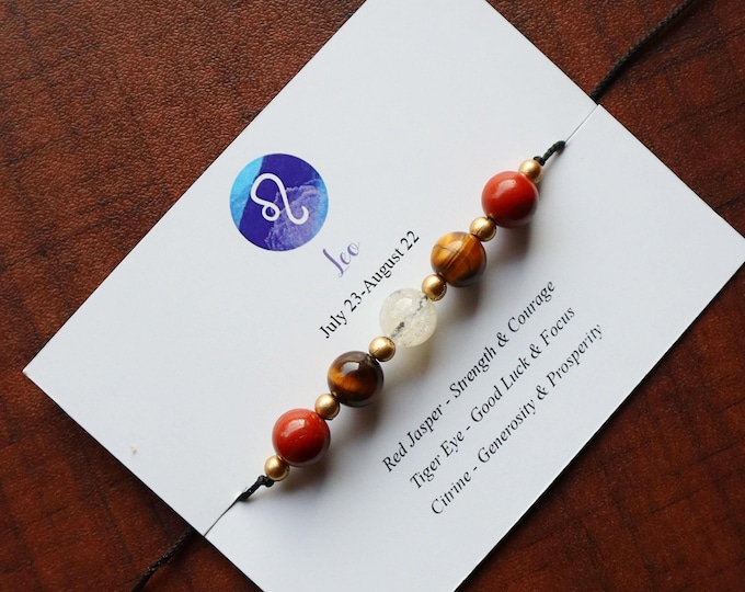 Leo Healing Bracelet, Leo Crystal Bracelet, Red Jasper, Tiger Eye, Citrine, Adjustable Chord, Leo Zodiac Sign Stone Bracelet, Zodiac Gift