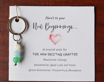 New Beginnings Crystal Gift, Keyring, Here's to Your New Beginnings Card, Card and Crystals for New Job, New School, Graduation, New Home